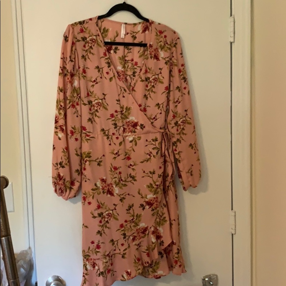 Pink long sleeve fit &flare wrap dress